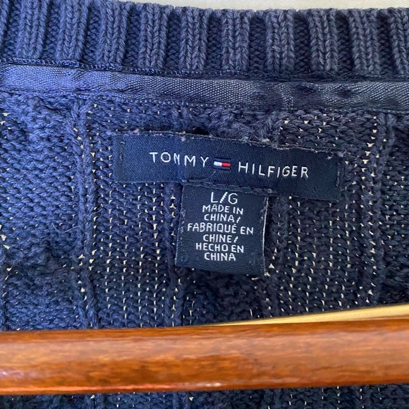Tommy Hilfiger y2k women’s cable knit sweater v-neck pullover navy Large - Picture 2 of 7